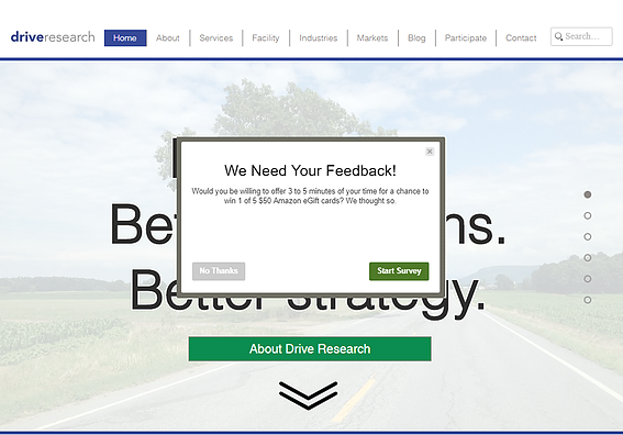example pop up in screen survey invite | website survey company drive research