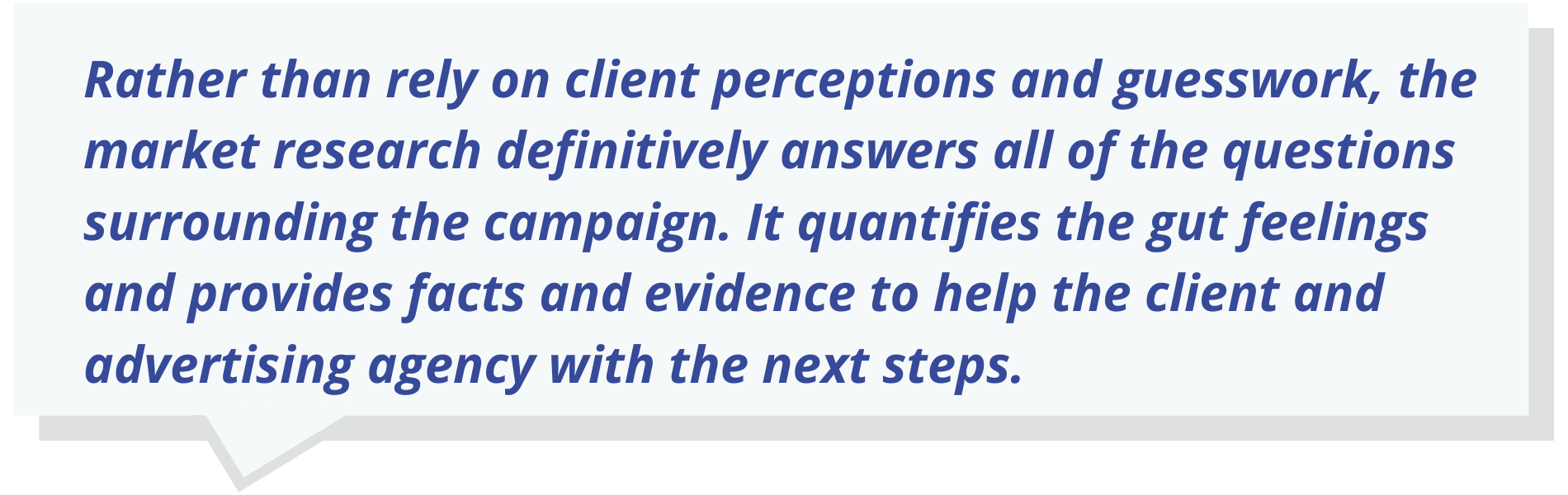 Rather than rely on client perceptions and guesswork, the market research definitively answers all of the questions surrounding the campaign. It quantifies the gut feelings and provides facts and evidence to help the client and advertising agency with the next steps.