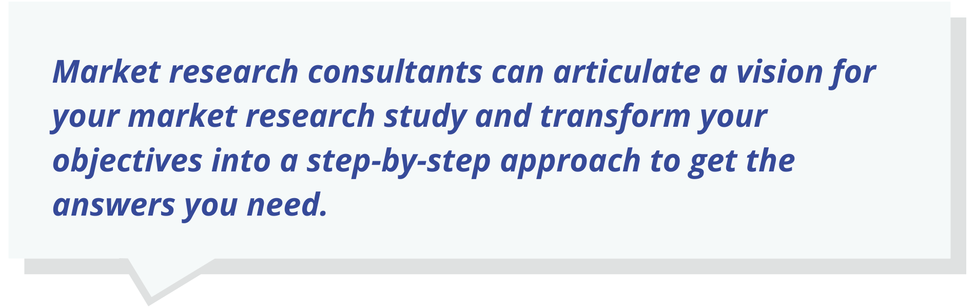 Market research consultants can articulate a vision for your market research study and transform your objectives into a step-by-step approach to get the answers you need.
