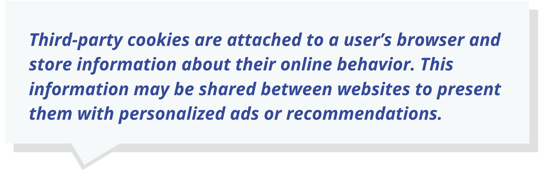Third-party cookies are attached to a user’s browser and store information about their online behavior.  This information may be shared between websites to present them with personalized ads or recommendations.
