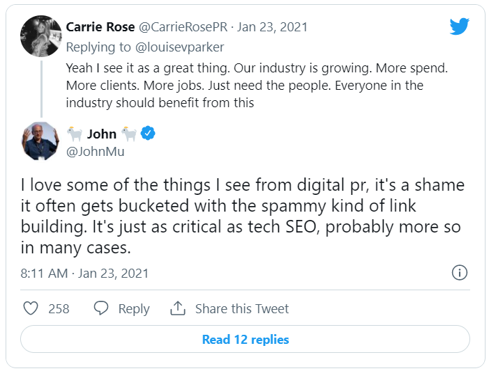 John Mueller replying to a tweet about the benefits of digital pr