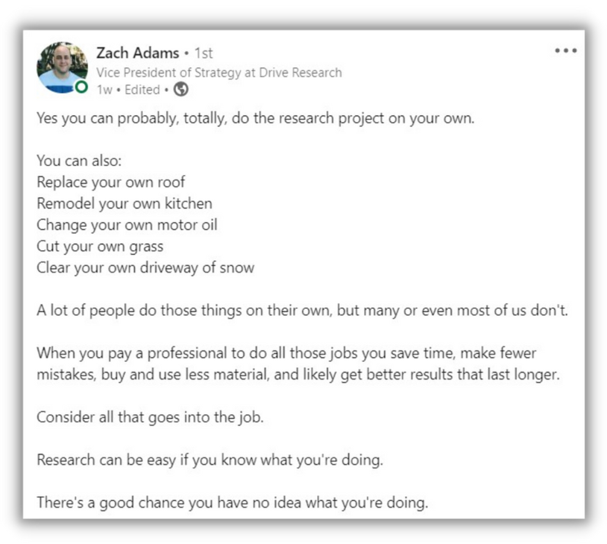 Zach Adams LinkedIn Post