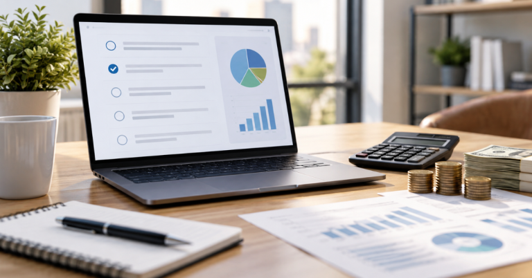 Customer satisfaction survey cost analysis with laptop and calculator