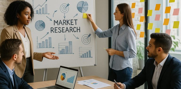 Team reviewing market research charts during go-to-market planning session.