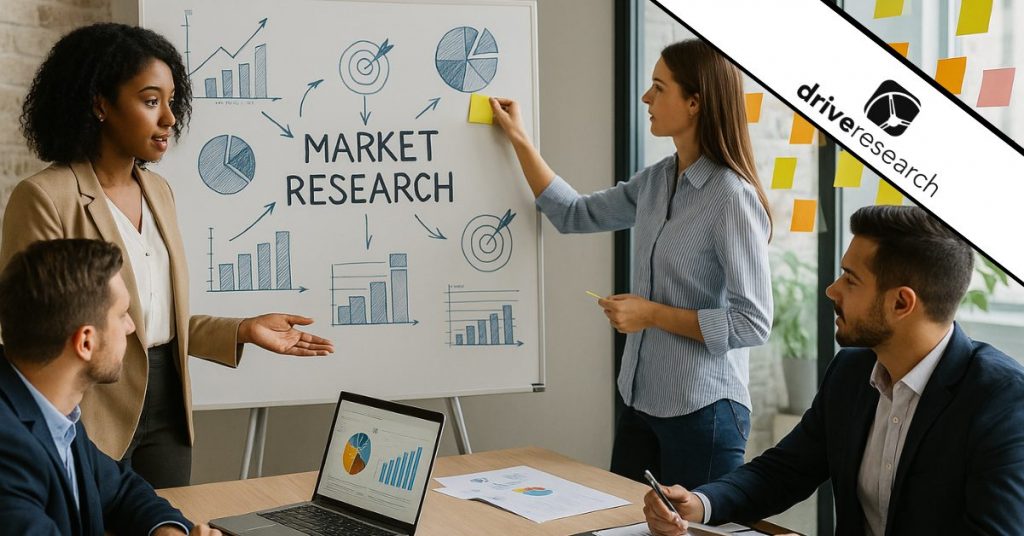 Team reviewing market research charts during go-to-market planning session - drive research