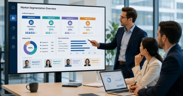 Business team reviewing market segments