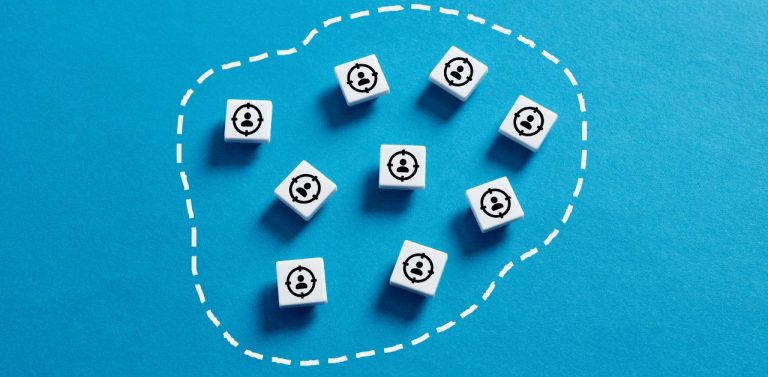 Buyer persona concept – people cubes on blue background