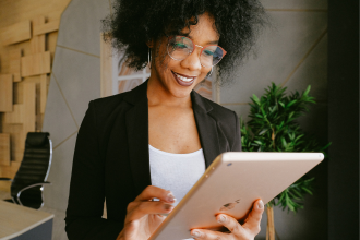 Employee taking survey on tablet