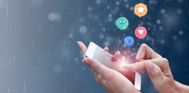 Voice of customer concept. Person on phone with customer icons above it.
