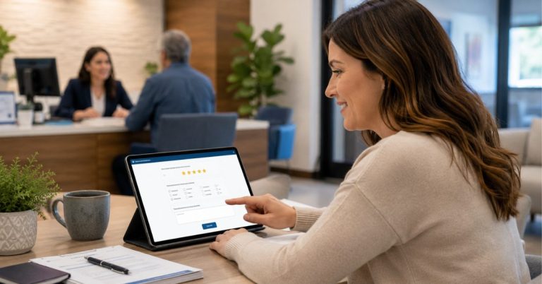 female answering credit union member survey questions