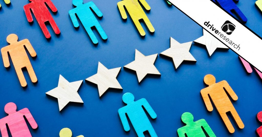 Customer experience concept. Five stars and color figures. Drive Research logo.