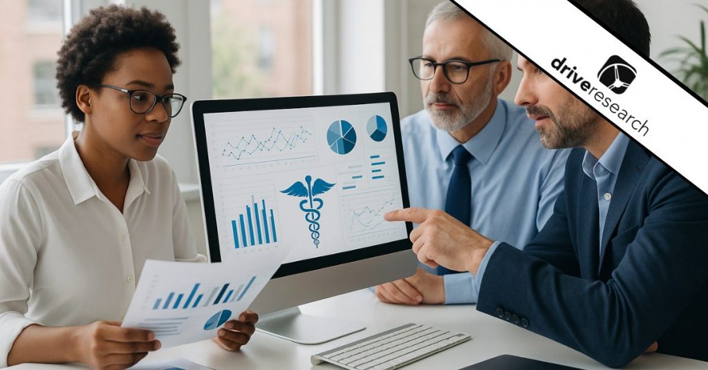 Healthcare team looking competitive intelligence data on a computer - drive research