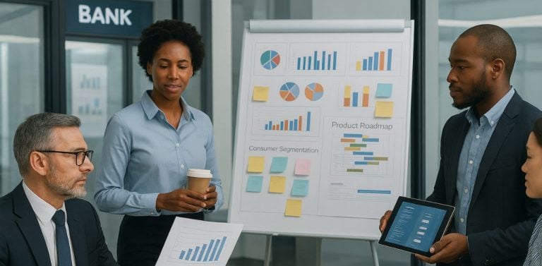 Financial services team looking at new product development research