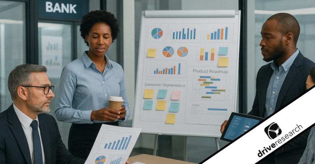 Financial services team looking at new product development research - drive research