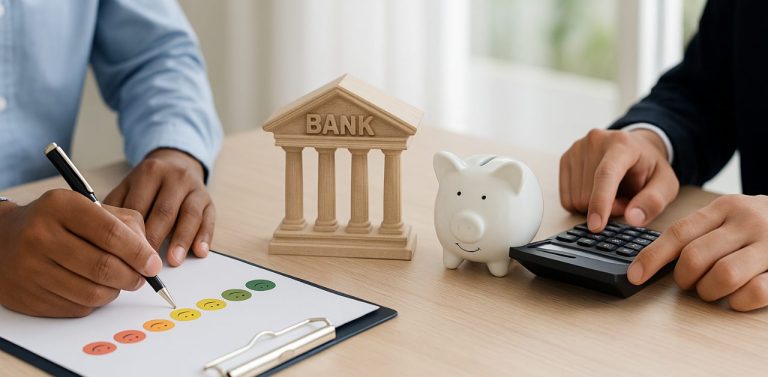 Two people at a desk with a banking survey, a small wooden bank model, a piggy bank, and a calculator, symbolizing nps in banking