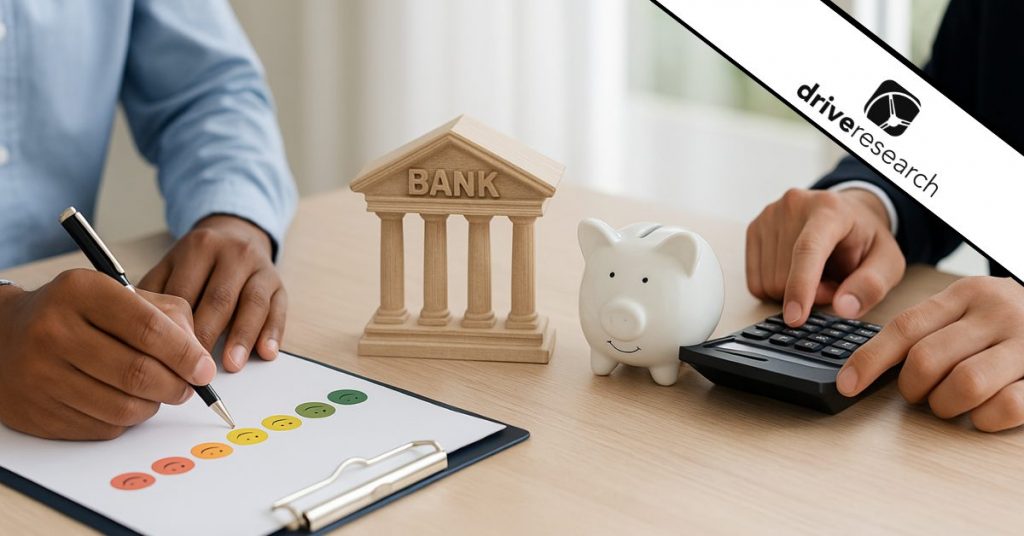 Two people at a desk with a banking survey, a small wooden bank model, a piggy bank, and a calculator, symbolizing nps in banking - drive research