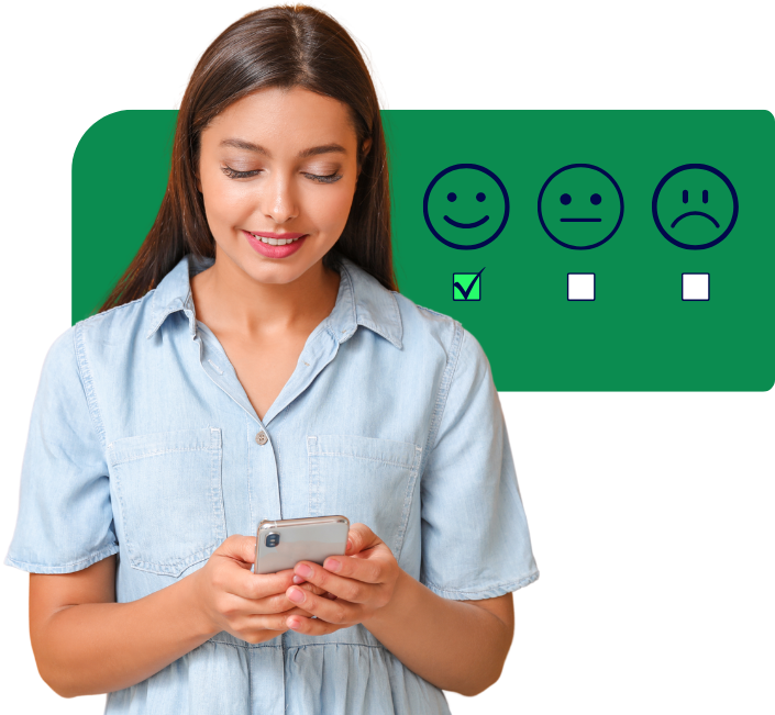Girl taking survey on phone with feedback icons