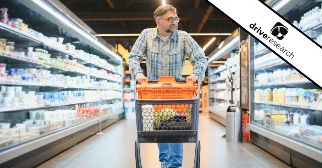 Senior man at grocery store products - drive research