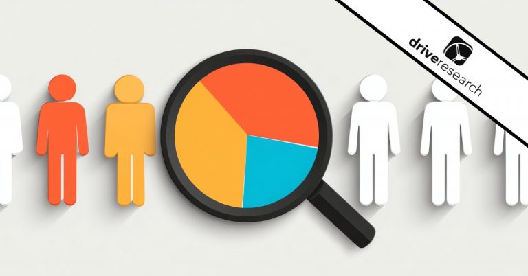 a pie chart in a magnifying glass with highlighted people figure representatives showing consumer qualitative research numbers