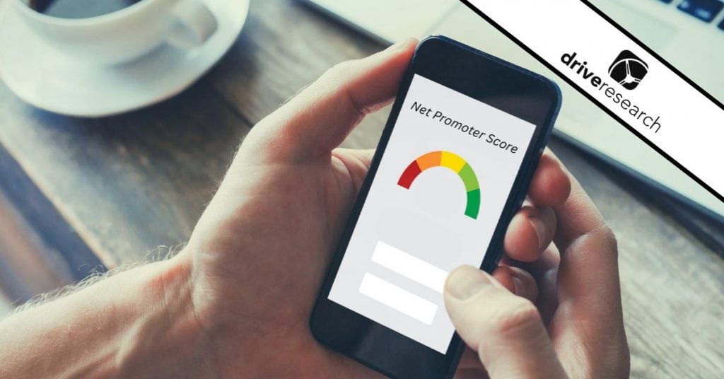 Person looking at net promoter score on phone - drive research logo