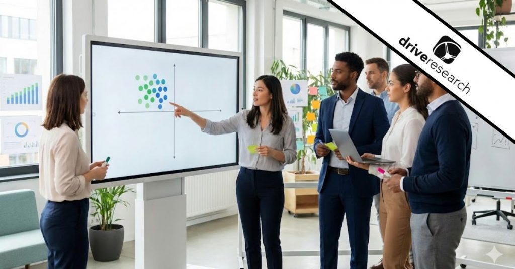 Team analyzing opportunity scoring data - drive research