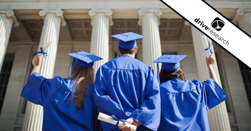 three students graduating facing their college building stemming from higher education and brand research