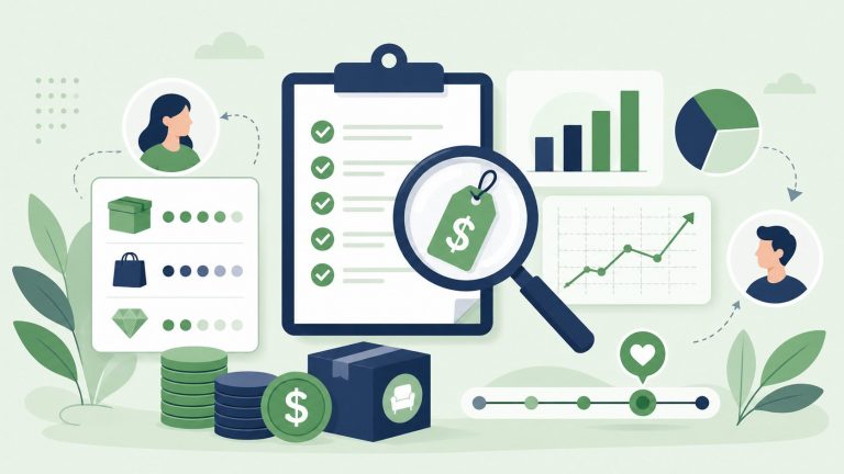 Illustration representing willingness to pay research with pricing analysis icons, customer feedback, product comparisons, charts, and a magnifying glass examining a price tag - Drive Research