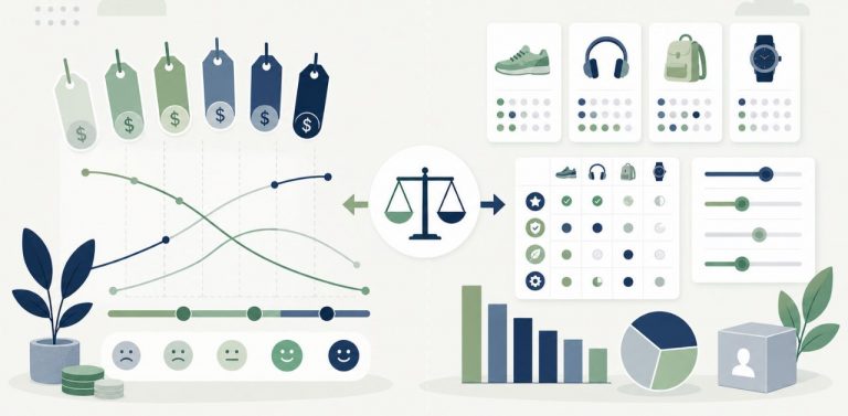 Illustration comparing Van Westendorp vs. conjoint analysis with pricing tags, survey curves, product comparison cards, sliders, and charts