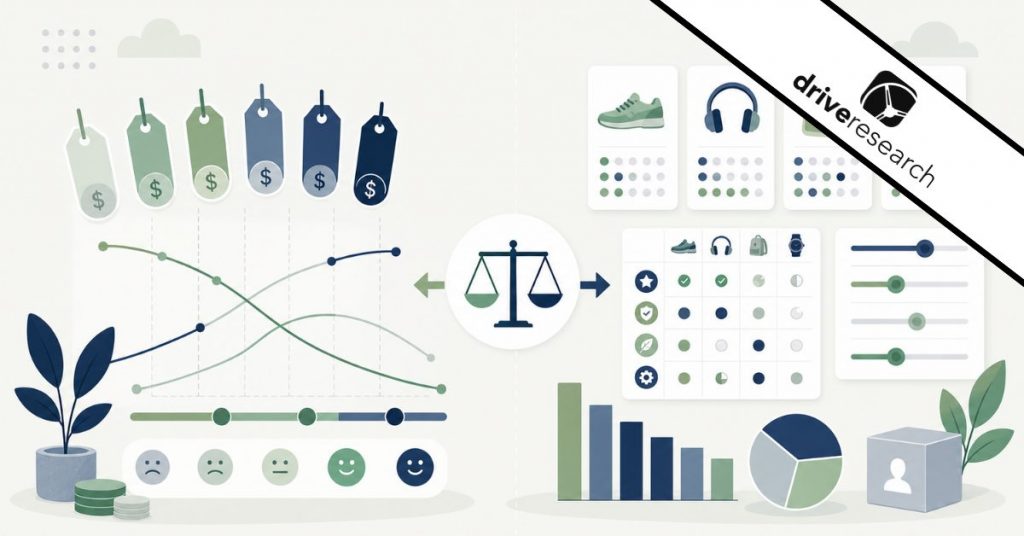 Illustration comparing Van Westendorp vs. conjoint analysis with pricing tags, survey curves, product comparison cards, sliders, and charts - Drive Research