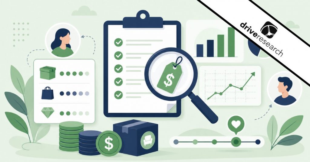 Illustration representing willingness to pay research with pricing analysis icons, customer feedback, product comparisons, charts, and a magnifying glass examining a price tag - Drive Research