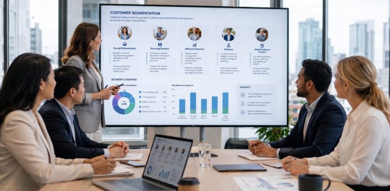 Financial services team looking at market segmentation data in boardroom