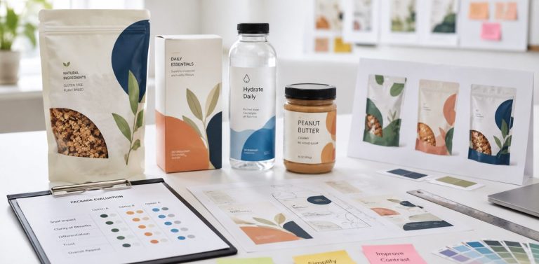Package testing for consumer products with packaging mockups, evaluation charts, and design materials on a workspace