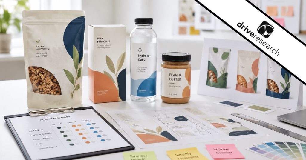 Package testing for consumer products with packaging mockups, evaluation charts, and design materials on a workspace - drive research workspace