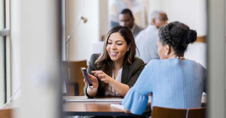 Satisfied customer receiving help in credit union