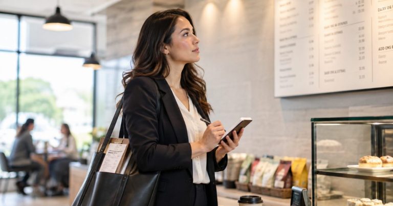 Woman mystery shopper at cafe conduct competitive pricing research