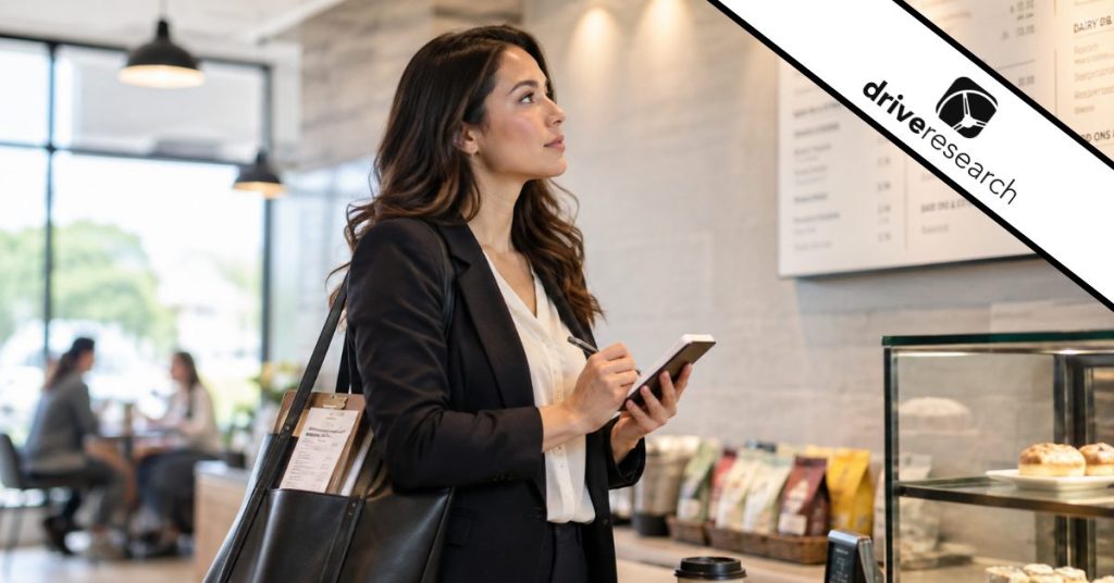 Woman mystery shopper at cafe conduct competitive pricing research - drive research